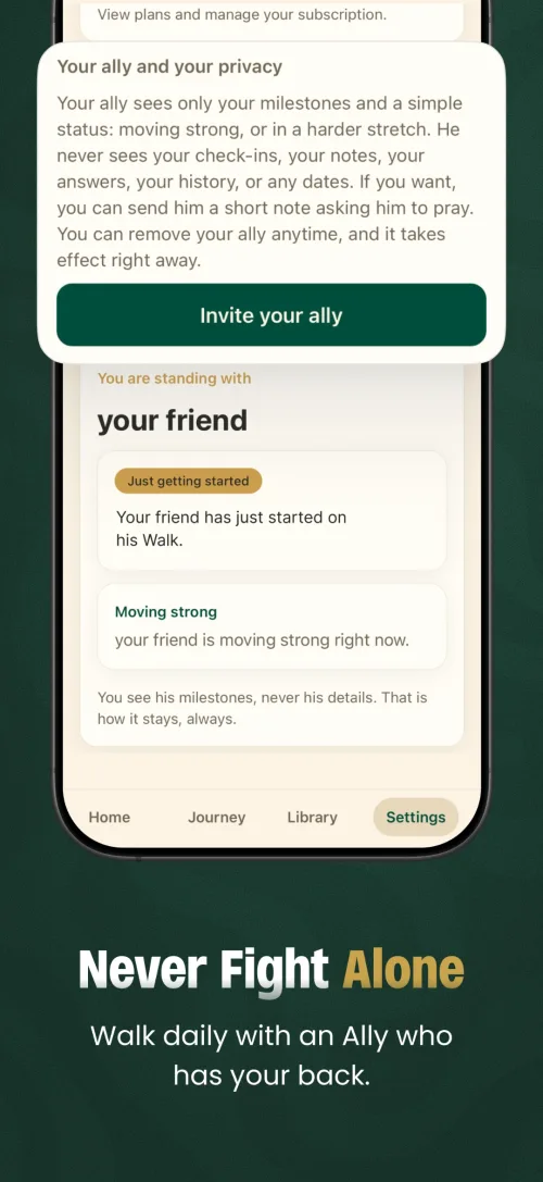 Ally screen showing milestone-only sharing and an Invite your ally button