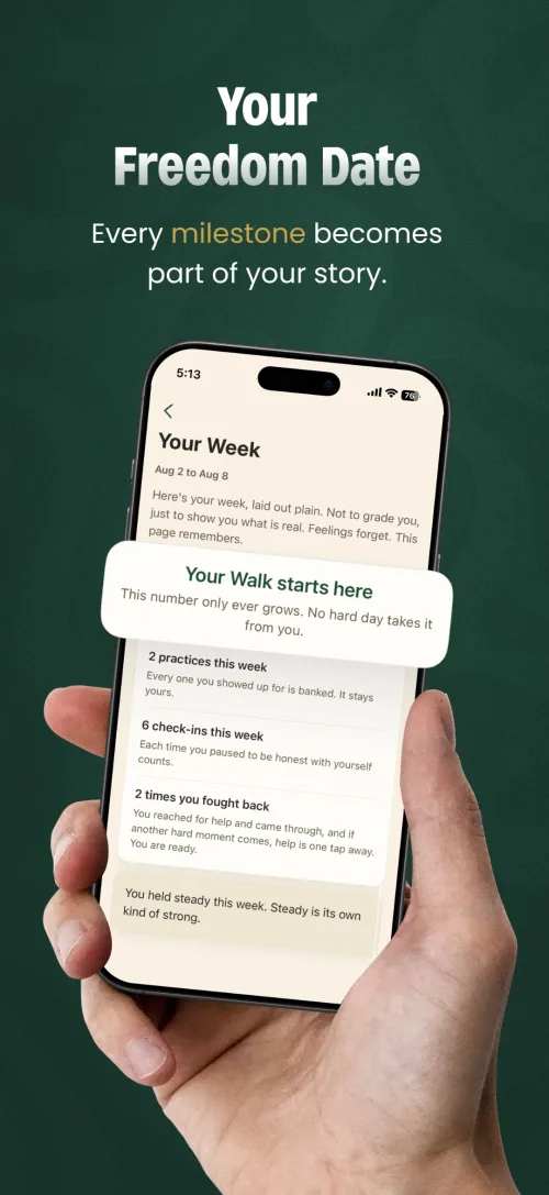 Weekly review screen showing practices, check-ins, and times you fought back
