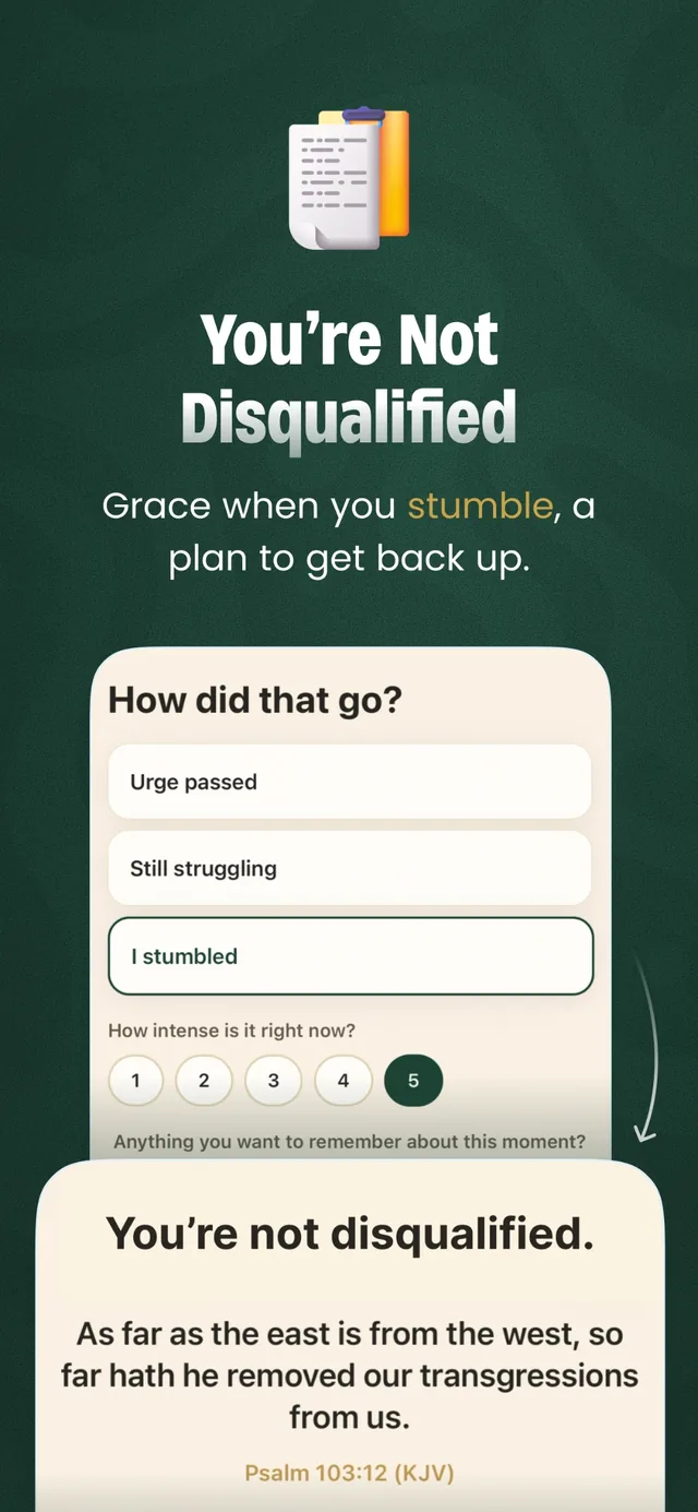 Honest check-in screen with grace-first options after a hard moment