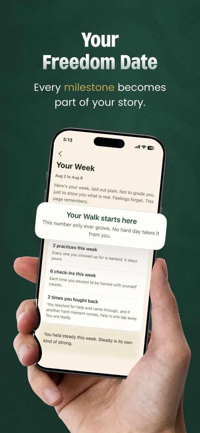 Weekly report screen laying out the week's practices and check-ins